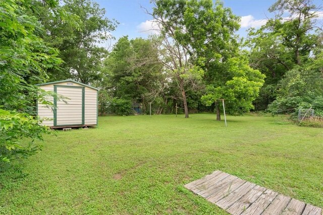 view of yard featuring a storage unit