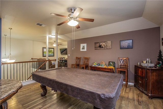 playroom with hardwood / wood-style flooring, ceiling fan, billiards, and vaulted ceiling