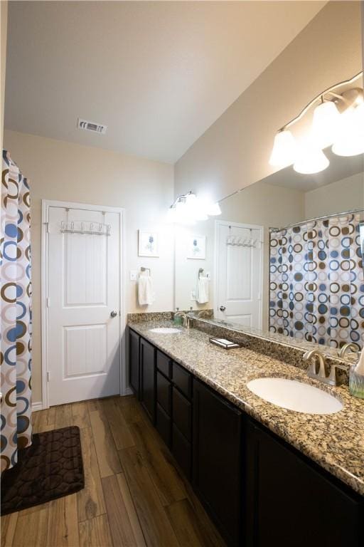 bathroom with wood-type flooring and vanity