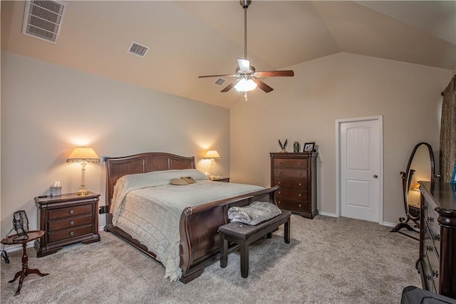 bedroom with light carpet, ceiling fan, and lofted ceiling