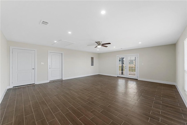 interior space featuring ceiling fan, dark wood-type flooring, electric panel, and french doors