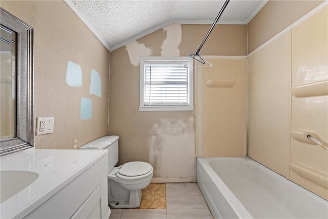 bathroom featuring toilet, shower / tub combination, vaulted ceiling, a textured ceiling, and vanity