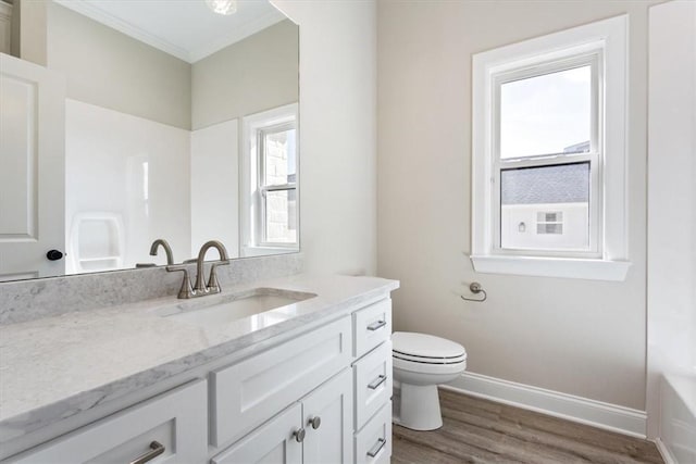 bathroom with plenty of natural light, vanity, ornamental molding, and hardwood / wood-style flooring