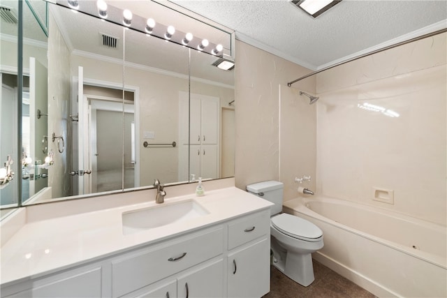 bathroom with crown molding, shower / bath combination, visible vents, a textured ceiling, and vanity