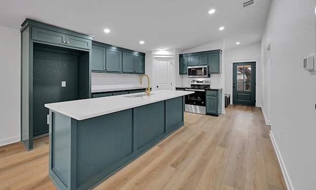 kitchen featuring visible vents, appliances with stainless steel finishes, decorative backsplash, and a sink