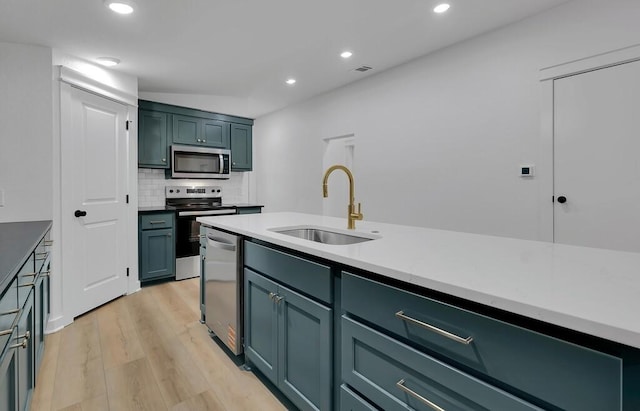 kitchen featuring visible vents, light wood finished floors, a sink, appliances with stainless steel finishes, and backsplash