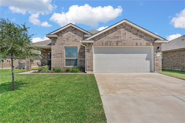 view of front of property with cooling unit, a garage, and a front lawn