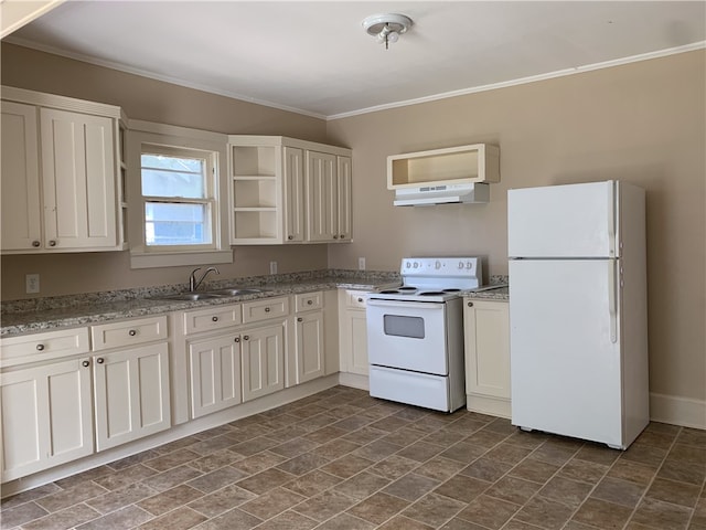 kitchen featuring white appliances, white cabinetry, and sink