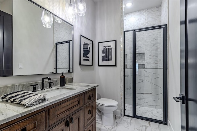 bathroom with vanity, an enclosed shower, and toilet