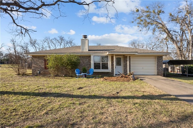 view of front of home featuring a garage, concrete driveway, brick siding, and a chimney