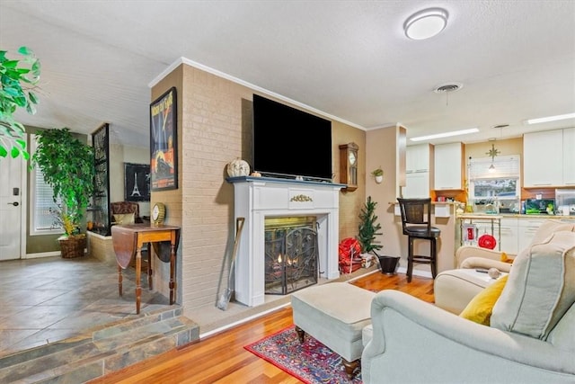 living room featuring crown molding and wood-type flooring