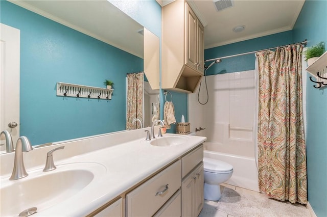 full bathroom with toilet, crown molding, tile patterned flooring, and shower / tub combo with curtain