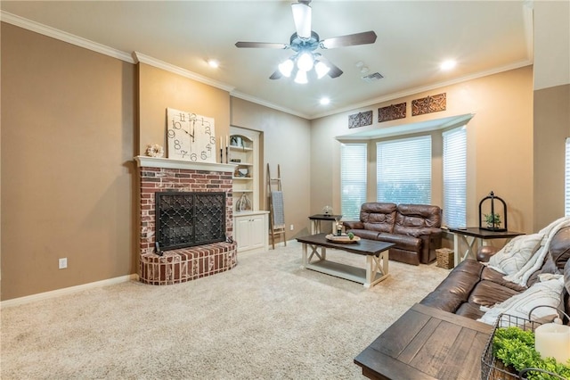 living room with carpet flooring, crown molding, and ceiling fan