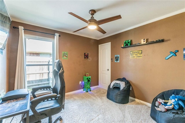 carpeted office featuring ceiling fan and ornamental molding