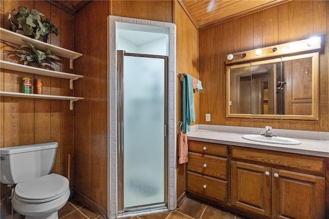 bathroom featuring tile patterned floors, wooden ceiling, toilet, a shower with shower door, and wood walls