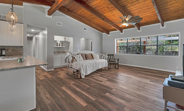 bedroom featuring beam ceiling, dark hardwood / wood-style flooring, high vaulted ceiling, and wooden ceiling