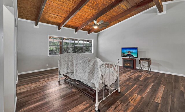 living room featuring dark hardwood / wood-style floors, ceiling fan, and wood ceiling