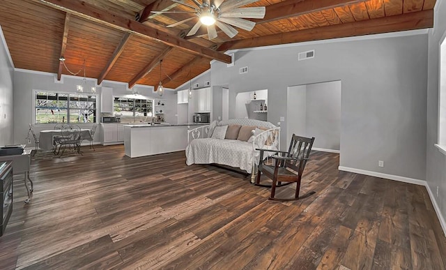 living room with beam ceiling, ceiling fan, wood ceiling, and dark hardwood / wood-style floors