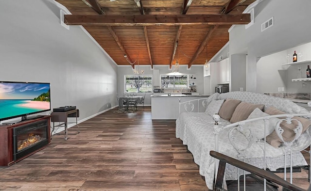 living room featuring beam ceiling, dark hardwood / wood-style flooring, high vaulted ceiling, and wooden ceiling