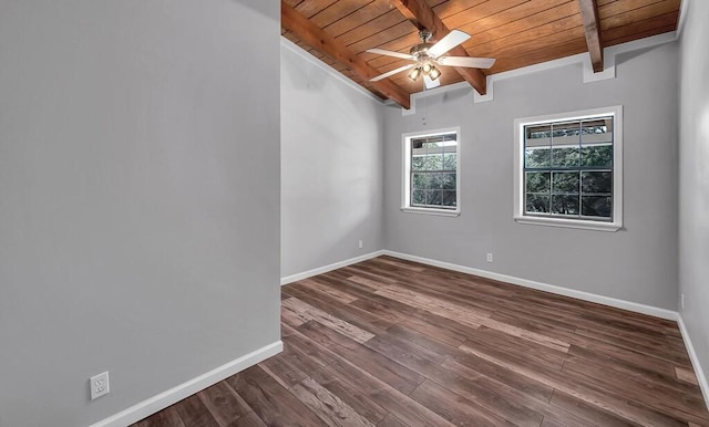 empty room featuring lofted ceiling with beams, dark hardwood / wood-style flooring, ceiling fan, and wood ceiling