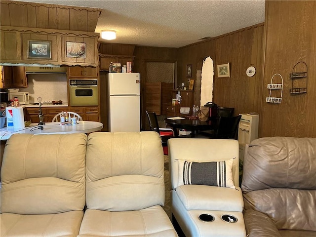 living room featuring a textured ceiling, wooden walls, and sink