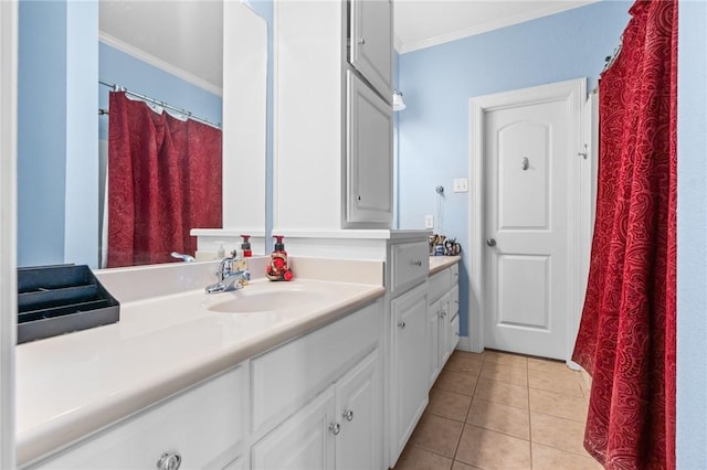 full bath with tile patterned flooring, vanity, and ornamental molding