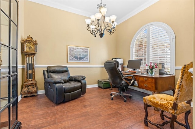 home office featuring a notable chandelier, dark wood-style floors, baseboards, and ornamental molding