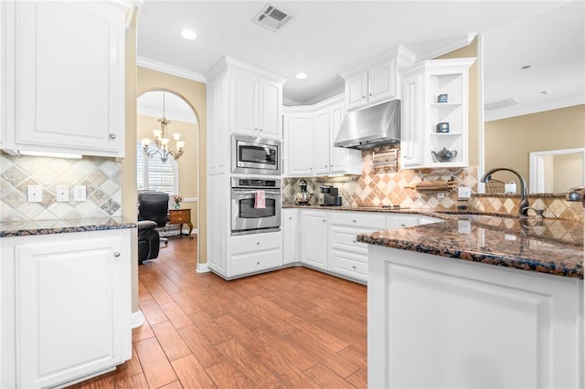 kitchen with a sink, appliances with stainless steel finishes, exhaust hood, and crown molding