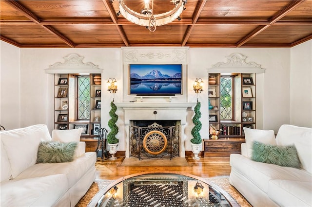 living room featuring wood ceiling and wood-type flooring