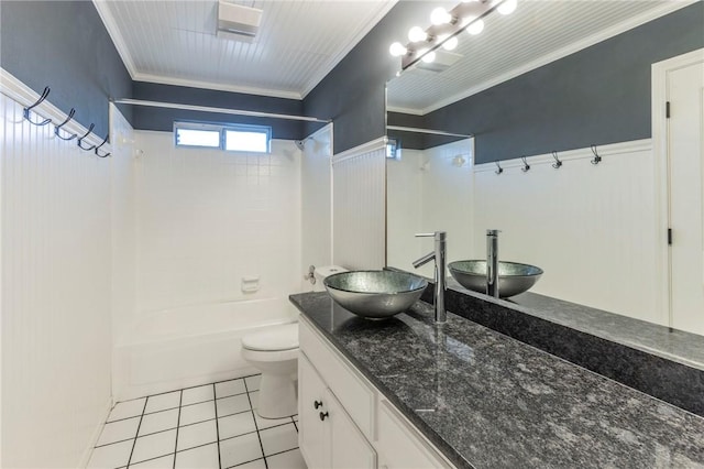 full bathroom featuring crown molding, vanity, tile patterned floors, shower / bathtub combination, and toilet