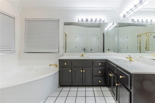 bathroom featuring independent shower and bath, crown molding, tile patterned floors, and vanity