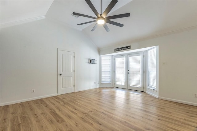 empty room featuring crown molding, ceiling fan, and light wood-type flooring