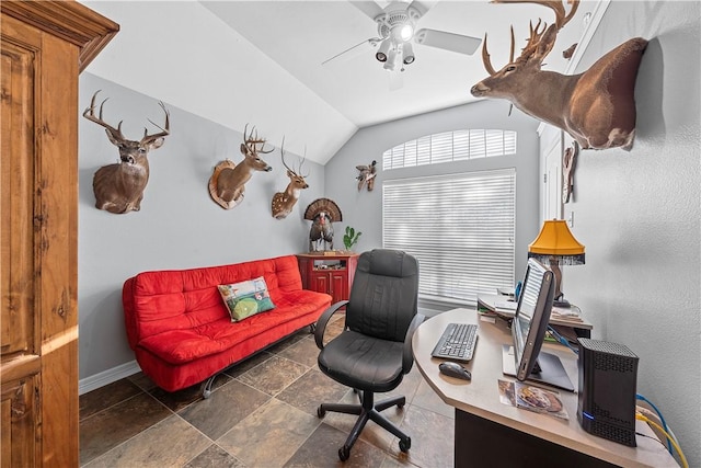 office featuring ceiling fan and lofted ceiling