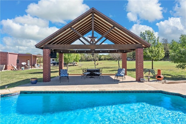 view of pool featuring a gazebo, a patio area, and a lawn