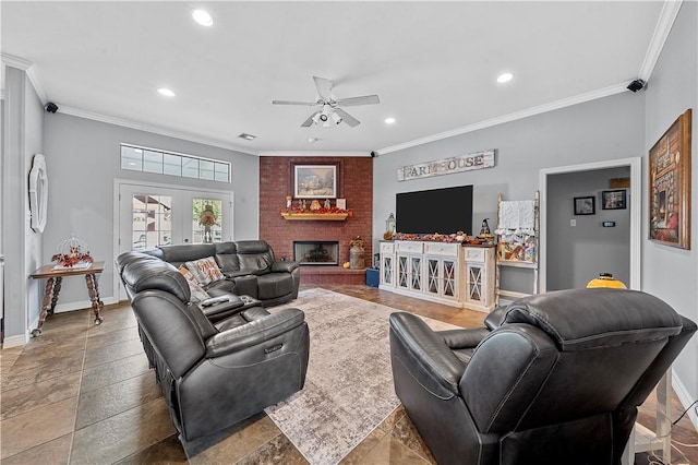 living room featuring a brick fireplace, ceiling fan, french doors, and ornamental molding