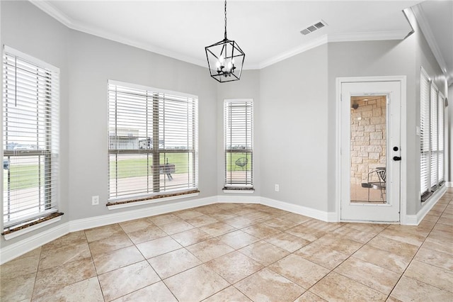 unfurnished dining area with an inviting chandelier, crown molding, and light tile patterned flooring