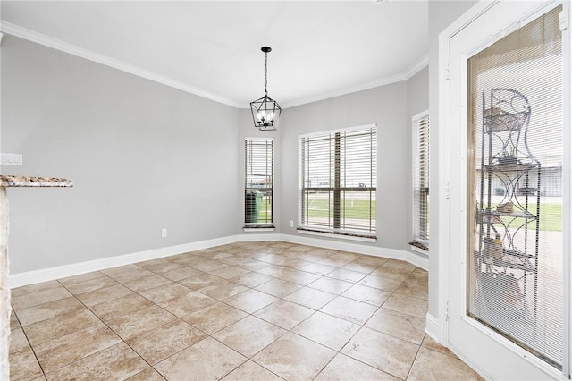 empty room with crown molding, light tile patterned flooring, and a notable chandelier