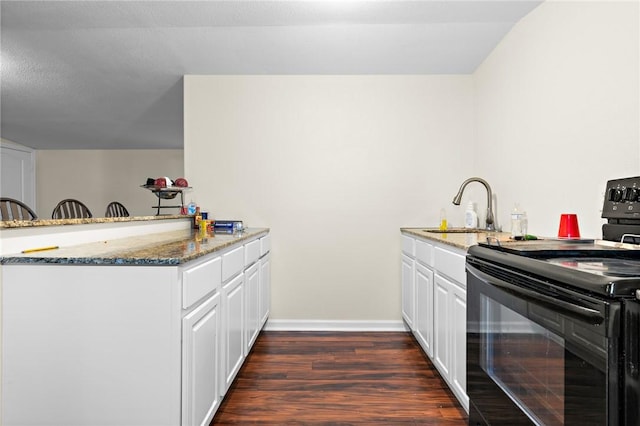 kitchen with stone countertops, kitchen peninsula, and black range with electric cooktop