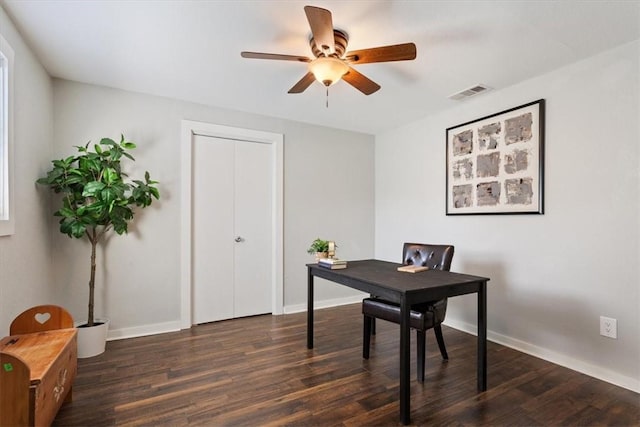 office featuring a ceiling fan, baseboards, visible vents, and wood finished floors