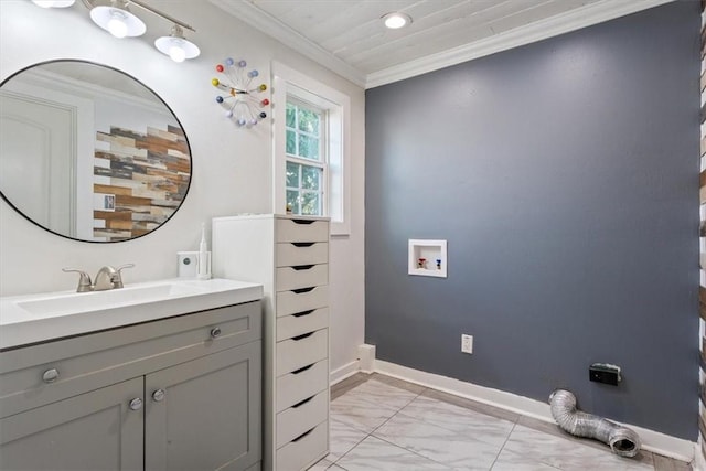 bathroom featuring baseboards, recessed lighting, vanity, and crown molding