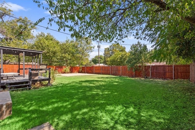 view of yard with a fenced backyard and a wooden deck