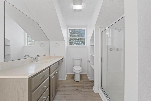 bathroom with vanity, a shower with door, hardwood / wood-style flooring, toilet, and a textured ceiling