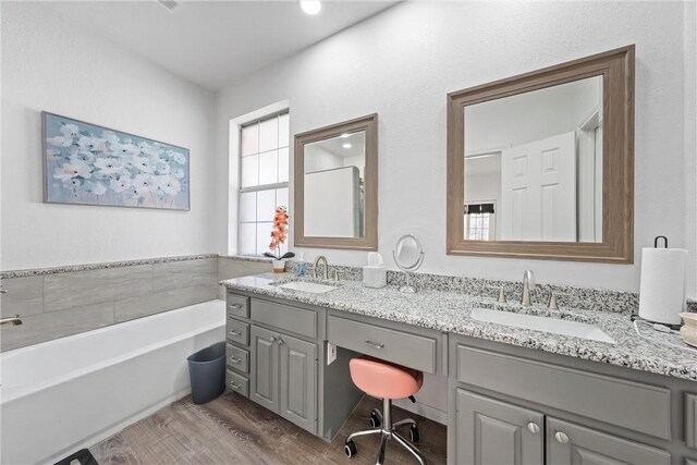 bathroom featuring a washtub, vanity, and hardwood / wood-style flooring