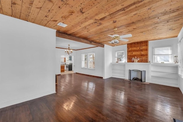 unfurnished living room featuring dark hardwood / wood-style floors, a brick fireplace, plenty of natural light, and wooden ceiling