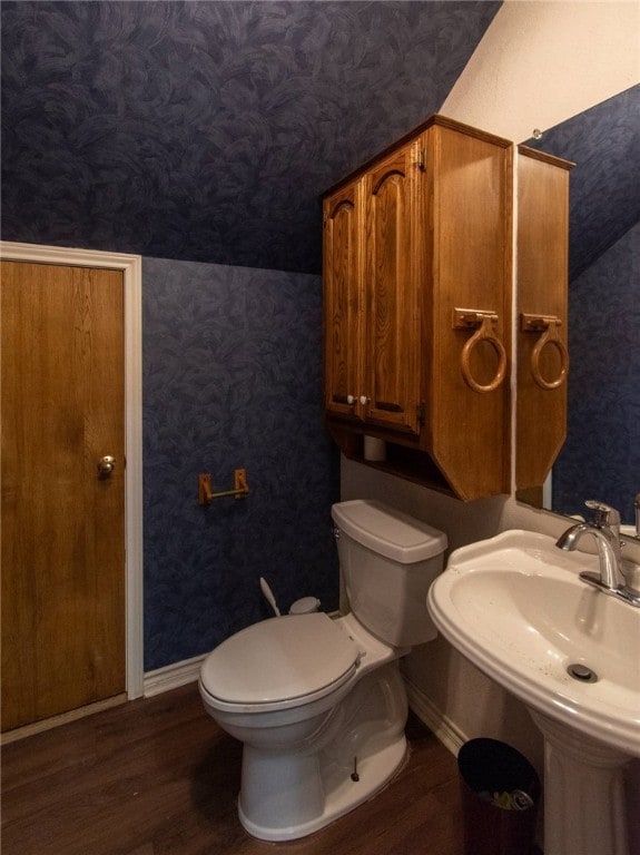 bathroom with sink, toilet, and hardwood / wood-style flooring