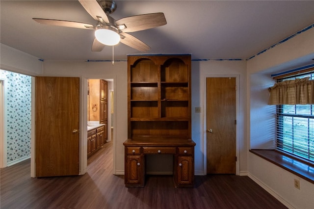 office area featuring ceiling fan and dark hardwood / wood-style flooring