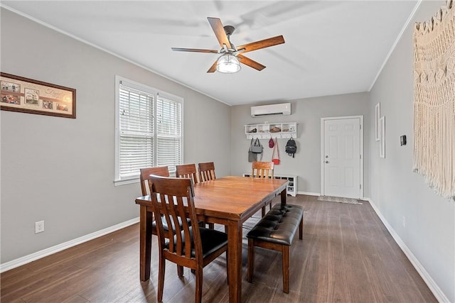 dining area with a wall mounted AC, dark wood-type flooring, and ceiling fan