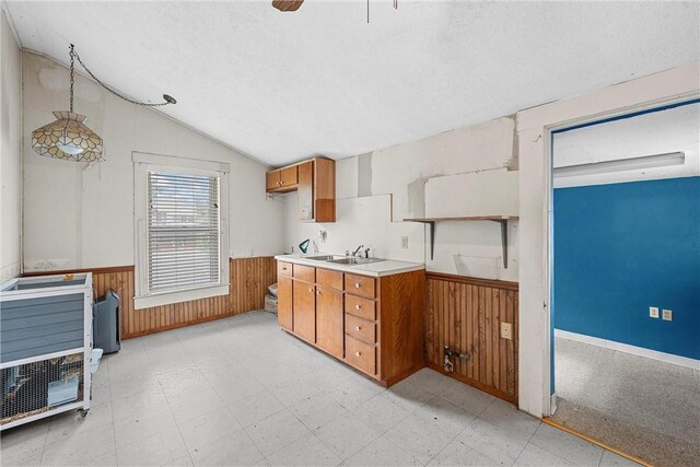 kitchen featuring lofted ceiling, sink, decorative light fixtures, and wooden walls