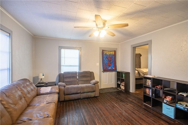 living room featuring dark hardwood / wood-style floors, ceiling fan, ornamental molding, and a wealth of natural light