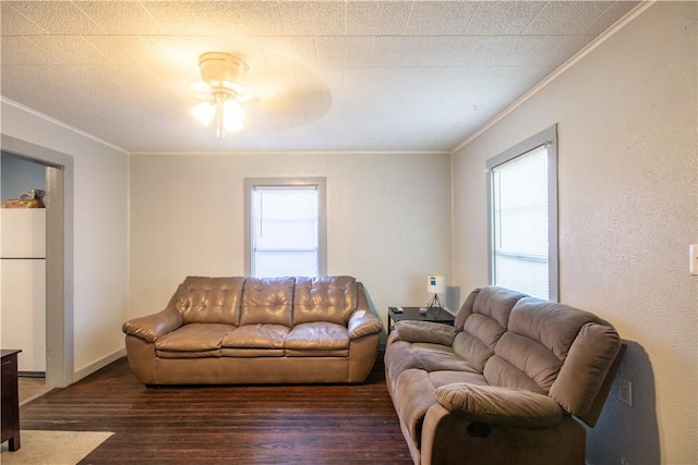 living room with ceiling fan, ornamental molding, and dark wood-type flooring